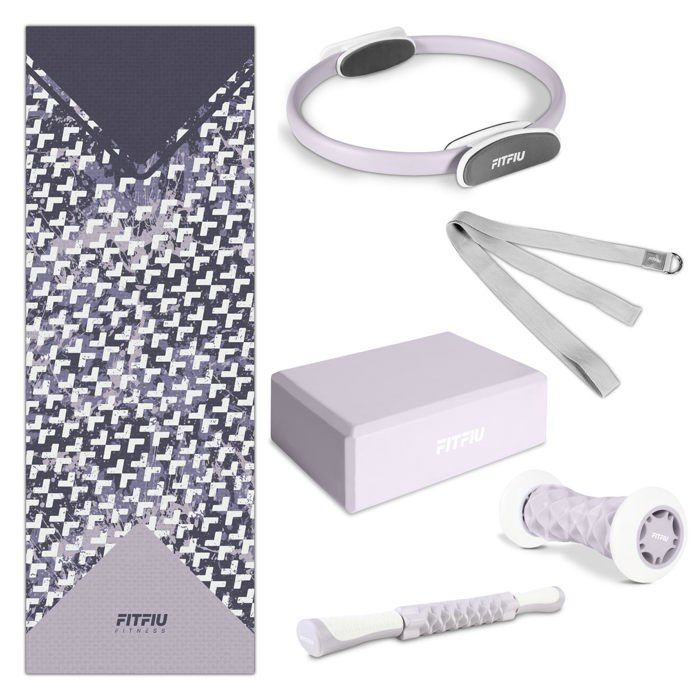 Kit 6 accessoires de yoga KITWELL-601 VIOLET, tapis, cerceau pilates, bloc, sangle d'exercice, 2 masseurs - FITFIU Fitness
