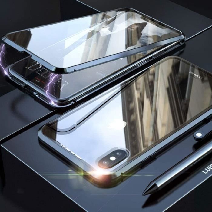 Coque pour iPhone X - XS Coque à absorption magnétique [cadre en métal] [verre trempé avant et arrière] Coque ultra léger AU