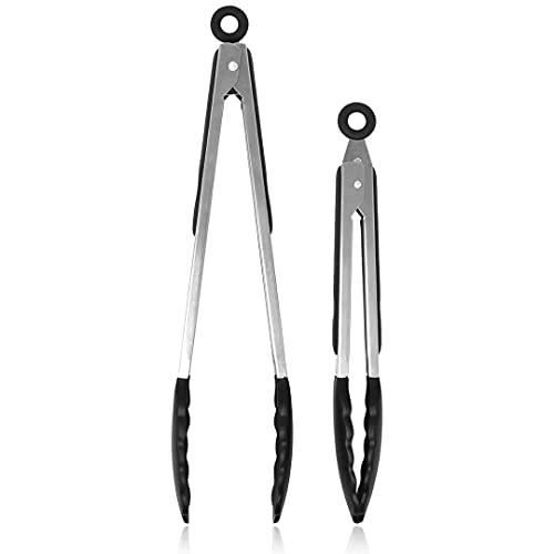 Lot pince barbecue x 2 - Pince cuisine en silicone - 30,5 cm et 22,9 cm - Pince de cuisine en inox x 2 - Pinces barbecue noires