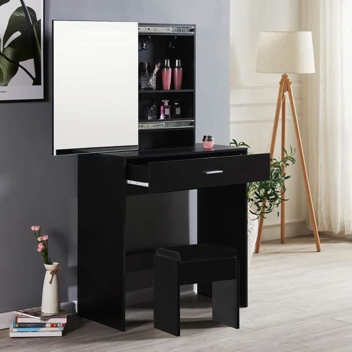 Coiffeuse avec Mirror - Ensemble de Table de Maquillage -Bois, 1 Tiroir, 2 Étagères Cachées, Tabouret - Noir - Mondeer