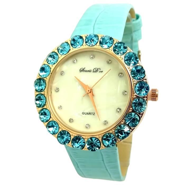 MONTRE FEMME CUIR BLEU TURQUOISE CYAN AIGUE-MARINE OR DORE FLEUR STRASS BIJOUX