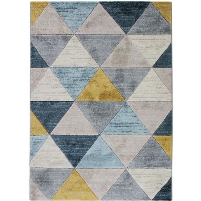 FJORD - Tapis aspect laineux motif triangles bleu et jaune 120x170