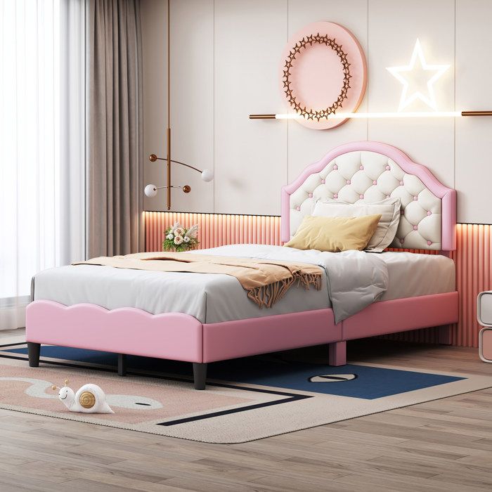 cadre de lit simple - 90 x 200cm, sans matelas, avec sommier à lattes, cuir pu, lit enfant, rose - hauss spole