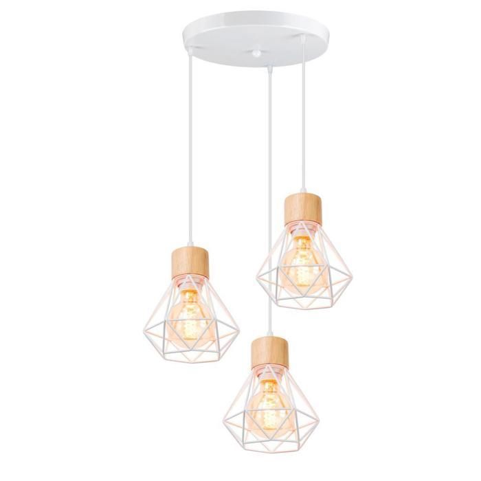 WOTTES 3 Lampes Suspension Luminaire Industrielle Lustre Plafonnier en Fer et Bois Rétro Cage Design Blanc pour Salle à Manger