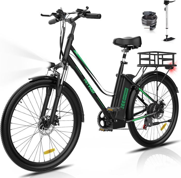Vélo électrique HITWAY 26” VAE - 7 Vitesses - Batterie amovible 36V 12AH - Noir + HITWAY panier arrière