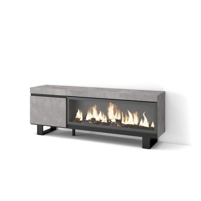 Meuble TV Banc Télé 160 Pour les TV jusquà 65 Cheminée électrique XXL 158x35x57cm Ciment RF3240