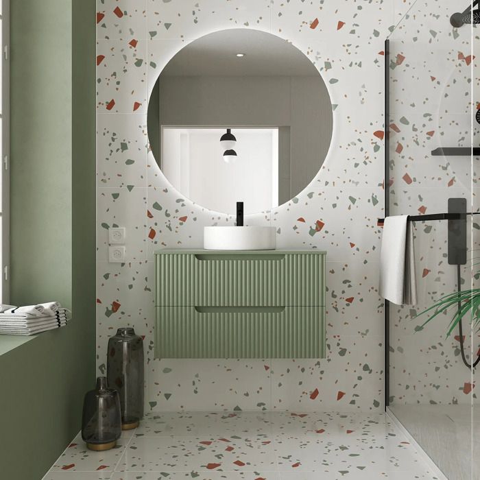 Meuble de Salle de Bains LEON 80cm Vert Olive - 2 Tiroirs en MDF Ondules - Vasque Ronde 36cm