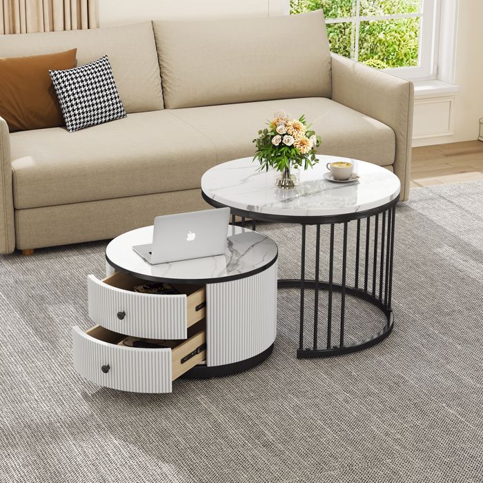 Tables basses gigognes salon Lot de 2Avec 2 tiroirs de RangementTable dappoint blanche rond 60x60x45.5 + 50x50x32cm Noir