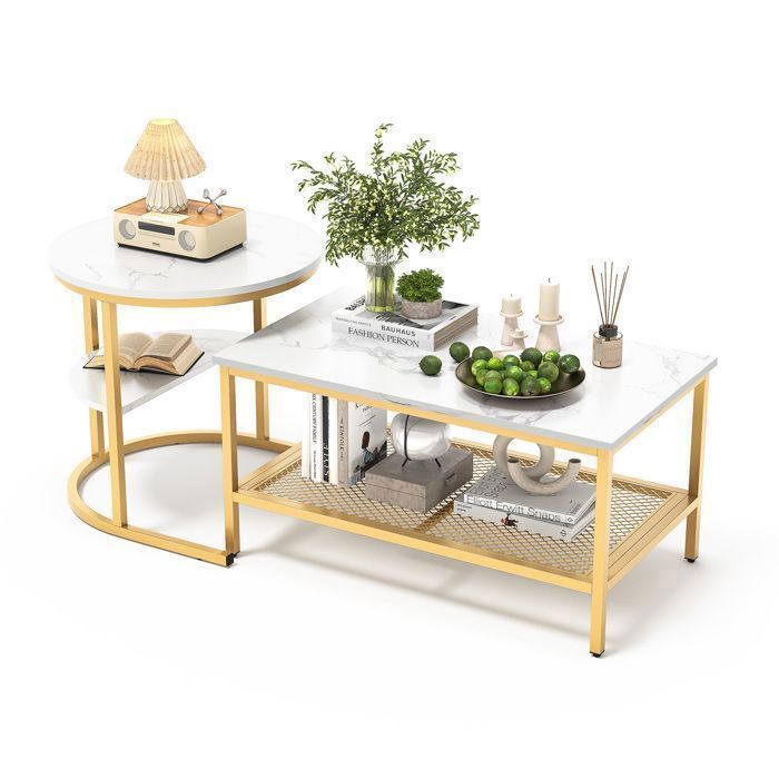 Tables Gigognes Salon Marbre Et Or - 2 Tables Rondes (50 Et 60 Cm) - Pieds Dorés, Plateau Blanc Marbré - Empilables, Design Moderne