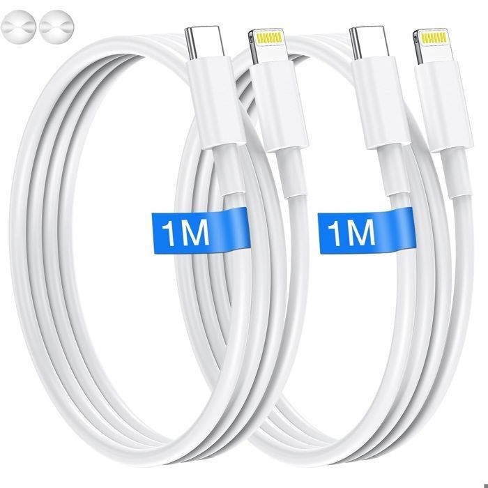 Pack de 2 Câbles USB-C vers Lightning 1M + 2 Organisateurs De Câbles - KINGPROSHOP - Charge rapide - Compatible iPhone 5 à 14 Pro