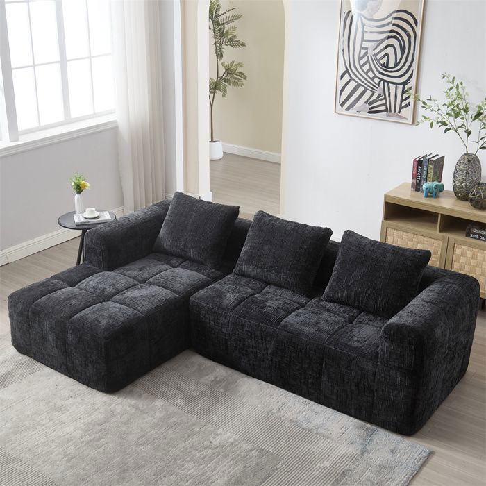 DRIPEX Canapé dangle Sectionnel en Chenille ModerneCanapé 3 places en forme de L avec 3 coussinspoche latéraleNoir