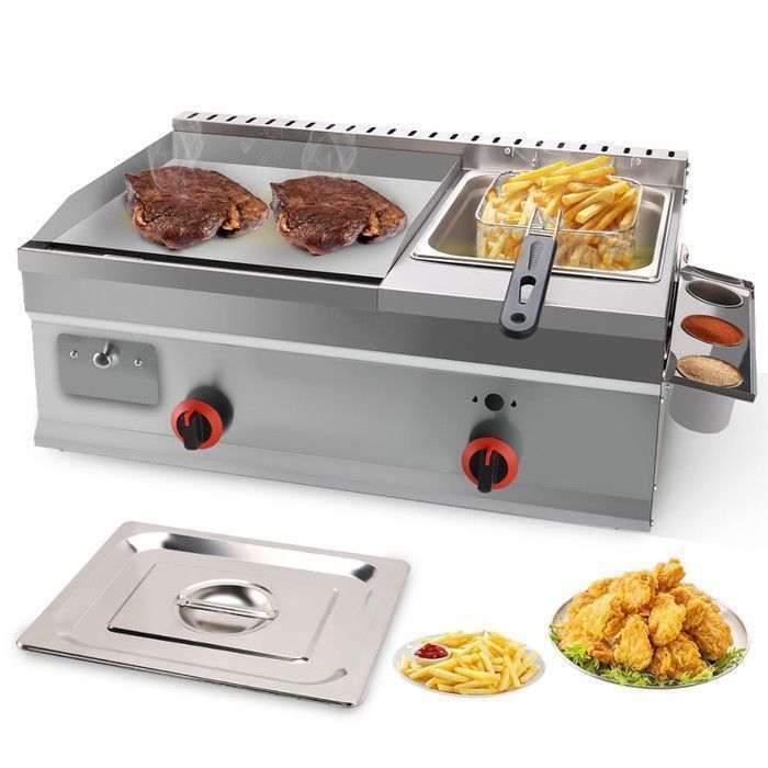 2-en-1 Friteuse À Gaz 11L & Plancha Gaz 35x40cm Contrôle De Température Autonome Puissance De Feu Réglable Acier Inoxydable