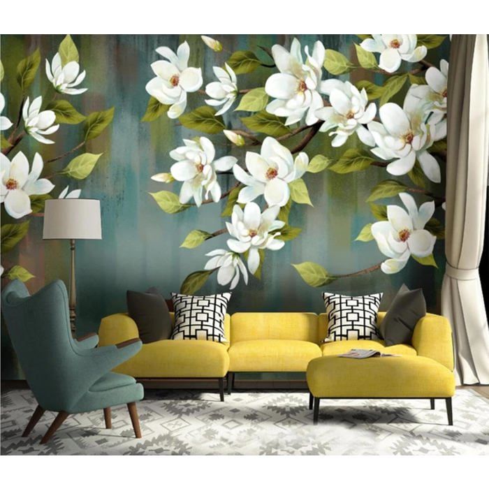 Papier Peint Panoramique 3D Fleur Blanche Vintage Oiseau Moderne Papier ...