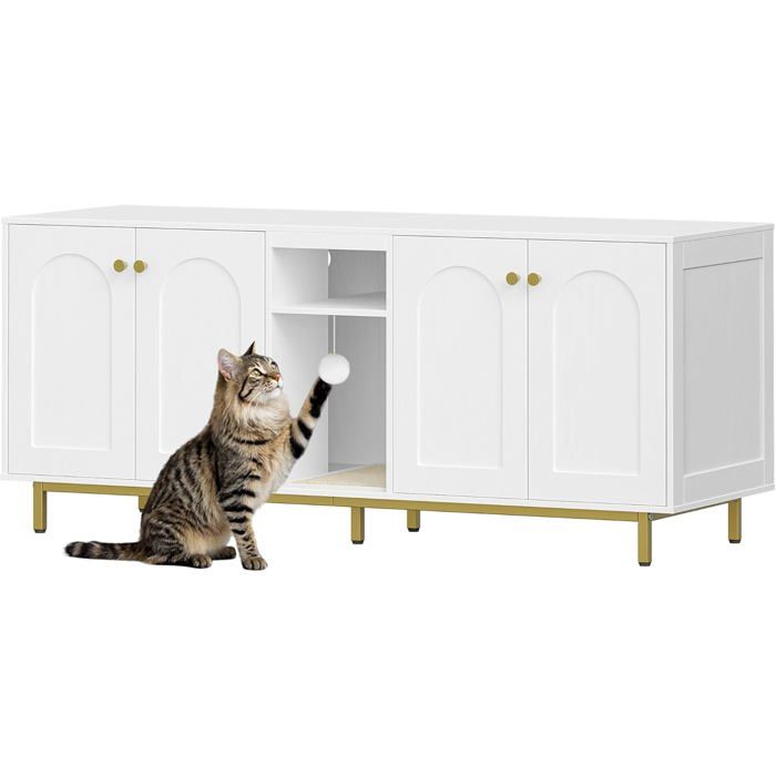 Comparer les prix de Meuble Litiere pour 2 ChatsMaison Cachée avec Chambres Doubles Espace de RangementBalle en Peluche140 x 48 x 62 CMBlanc et Or