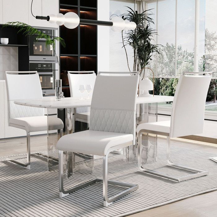 Chaises de salle à manger - Lot de 4 - Dossier en cuir PU et lin - Design moderne - Blanc