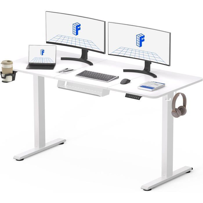 FlexiSpot Bureau Assis Debout Électrique 140x60cm Bureau Réglable Table dordinateur avec Crochet Fonction MémoireBlanc