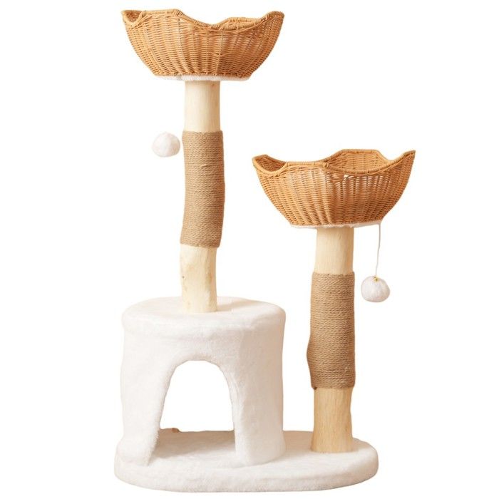 Comparer les prix de Arbre à chat 108 cm bois massif naturel - Griffoir sisal 2 paniers grotte balle et coussin - Écoresponsable grands chats