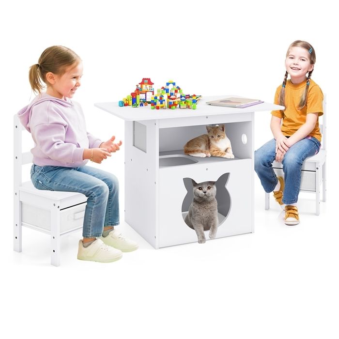 COSTWAY Ensemble Table et 2 Chaises Enfants - Mobilier 2-en-1 avec Maison de Chat avec Bacs de Rangement en Tissu 80 x 52 x 59 cm