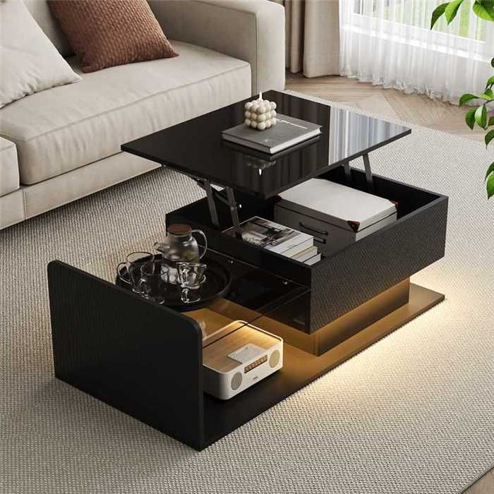 Table basse relevable 100x50x33/47.5 cm avec verre et effet LED Table de salon avec plateau en verre Noir brillant