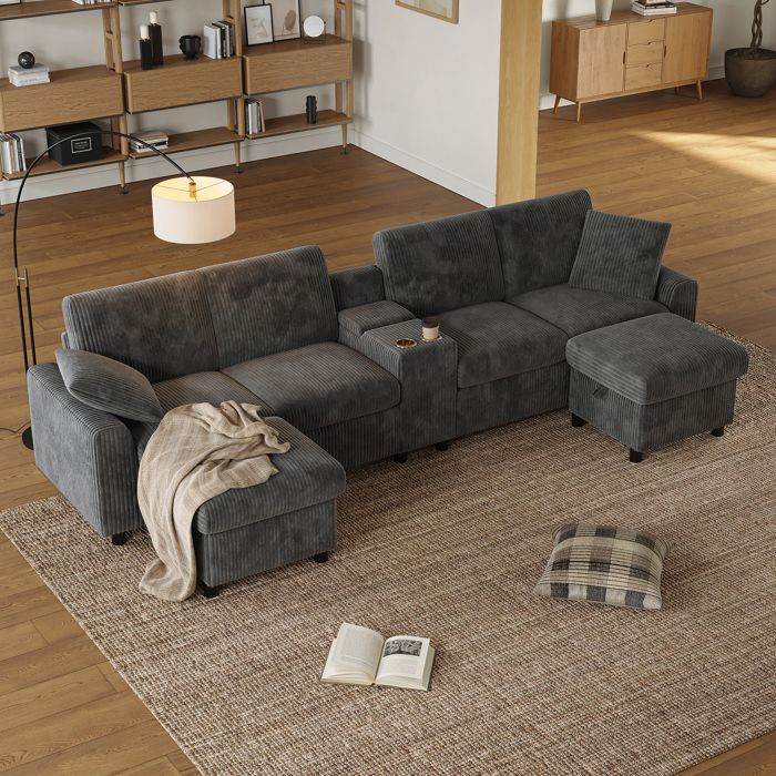 Canapé dangle moderne en U - Avec USB et Type-C - 2 repose-pieds de rangement - 2 porte-gobelets - Velours côtelé - Gris