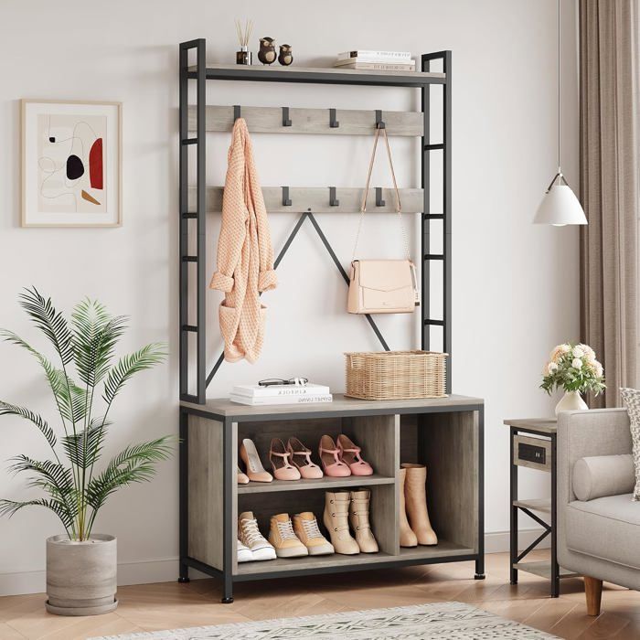 Meuble dentrée Industriel Avec Banc Porte-Manteau Meuble à Chaussures Pour Vestiaire Couloir Entrée Brun Rustique Gris