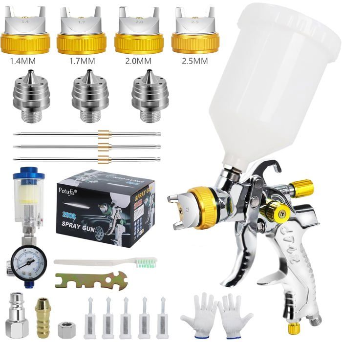 Pistolet à Peinture HVLP TECHNIC H-827PK Avec 4 Buses 1.4 1.7 2.0 2.5 Mm - Kit Complet