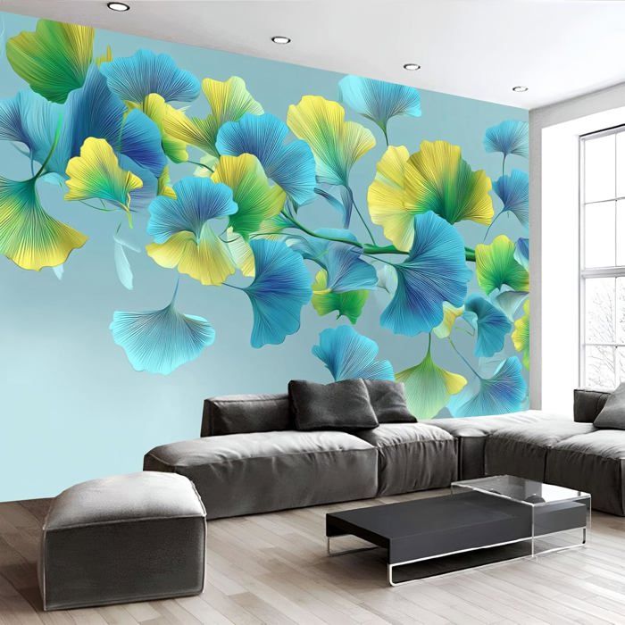 Papier Peint Panoramique Fleurs Art Feuilles De Ginkgo Pétales Murale ...