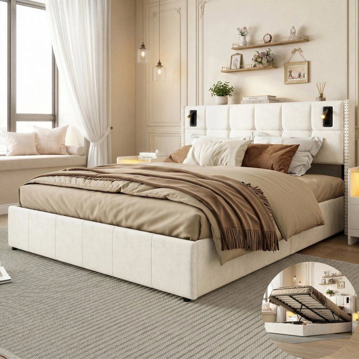 Lit 140x190 cm Lit coffre en Velours avec Tête de Lit et Sommier à Lattes Lit Adulte pour 2 Personnes Lampes de Lecture Beige