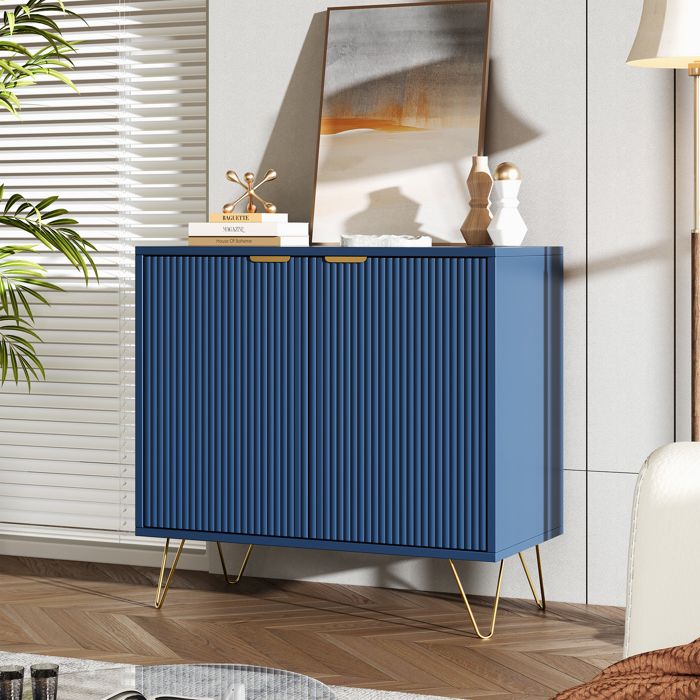 ADWOLT Buffet haut 2 portes bleu foncé 80x40x78 cm – Meuble de rangement laqué avec pieds métal