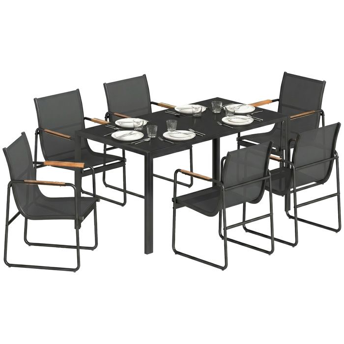 Salon de jardin - Outsunny - 7 pièces - table et chaises - acier et verre - 6 personnes - noir