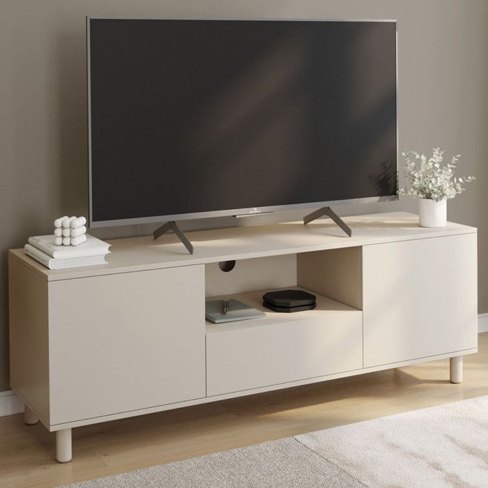 ID MARKET meuble tv BERTILLE 2 portes et 1 tiroir 140 cm beige à poser