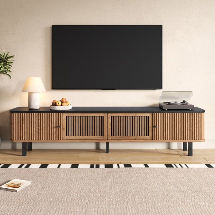 Meuble TV Moderne Panneau Bas 190x35x45cm Chêne 2 Portes Coulissantes Grillagées Design Unique pour Salon