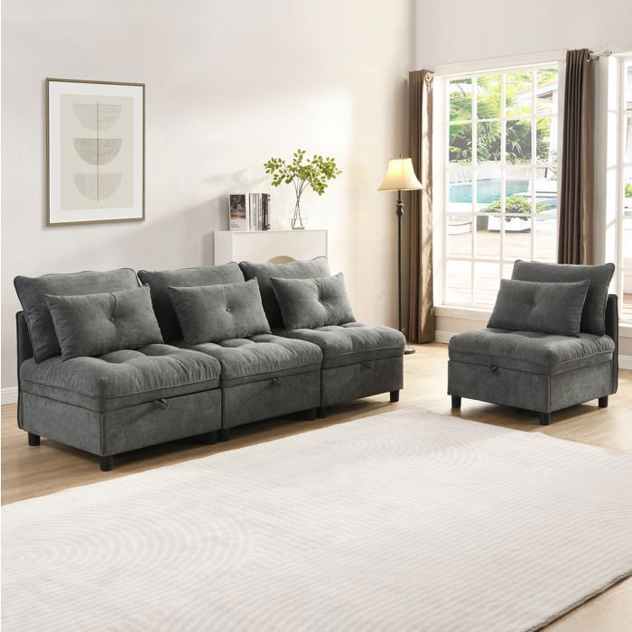 MEUBLIV Canapé modulable 4 places convertible 4 modules séparables rangement chenille gris antique
