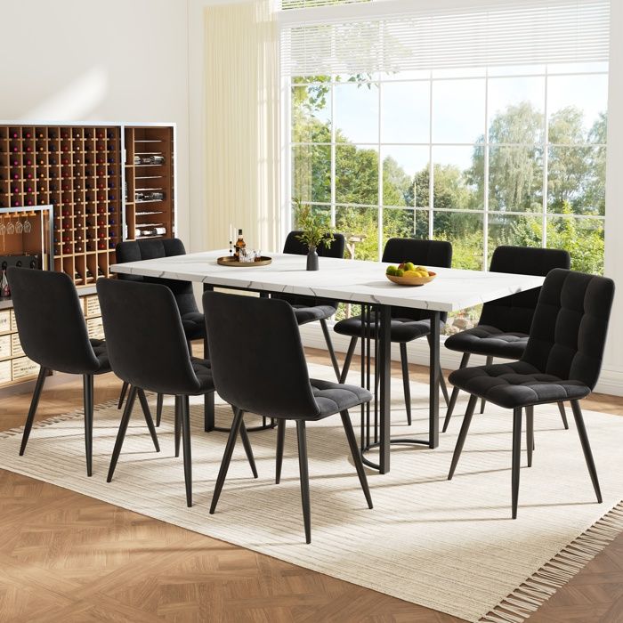 Grande ensemble salle à manger 9pcs table extensible 140x80cm métal 8 chaises en velours noir pour 8 personnes design moderne