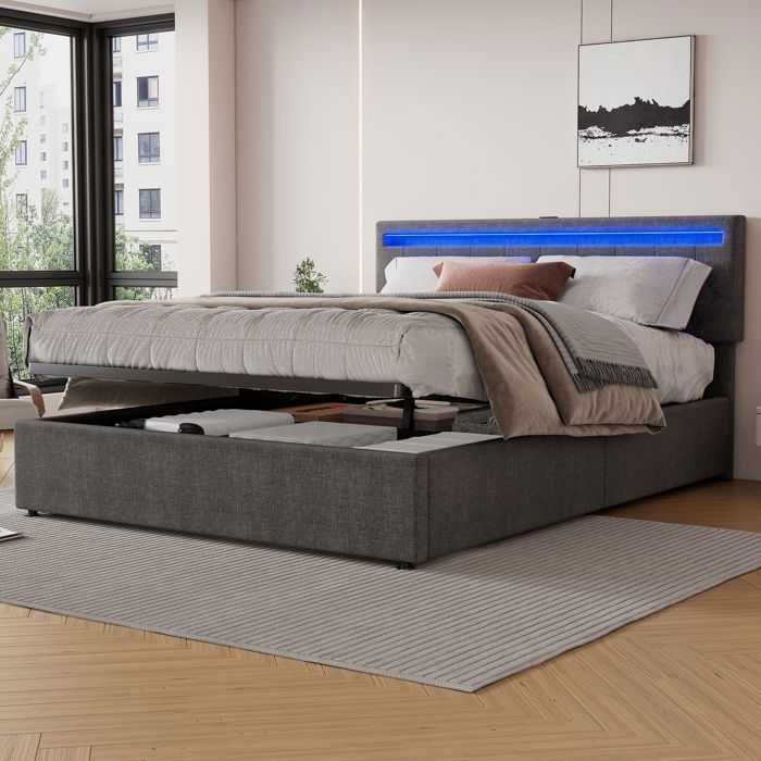 Lit Boxspring Hydraulique Gris - LED Ambiance App, USB/Type-C Charge ...