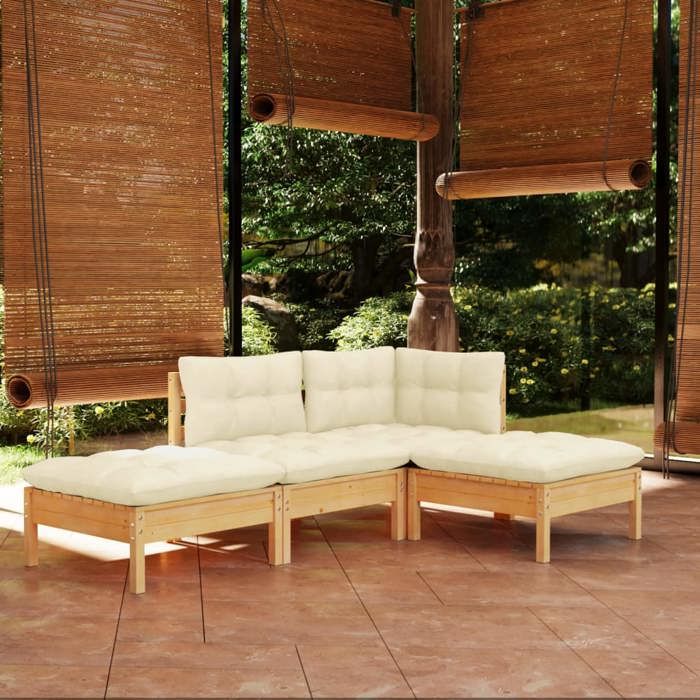 NEW 2026 Salon de jardin lot de 4 Meuble pour 3 personnes avec coussins crème Bois de pin massif 63.5x63.5x62.5 cm S1273