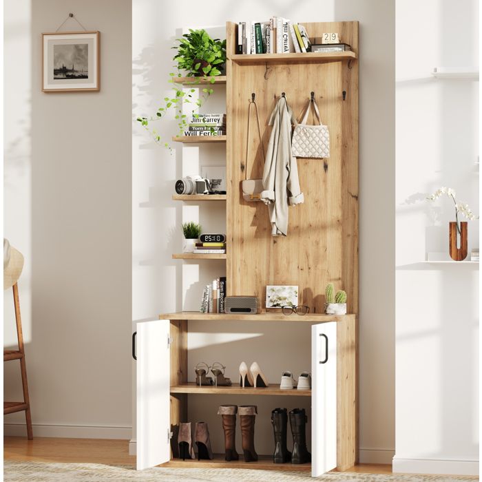 Meuble dentrée -Vestiaire 75x33x180 cm avec rangement chaussures. 6 étagères ouvertes et placard. bois naturel et blanc