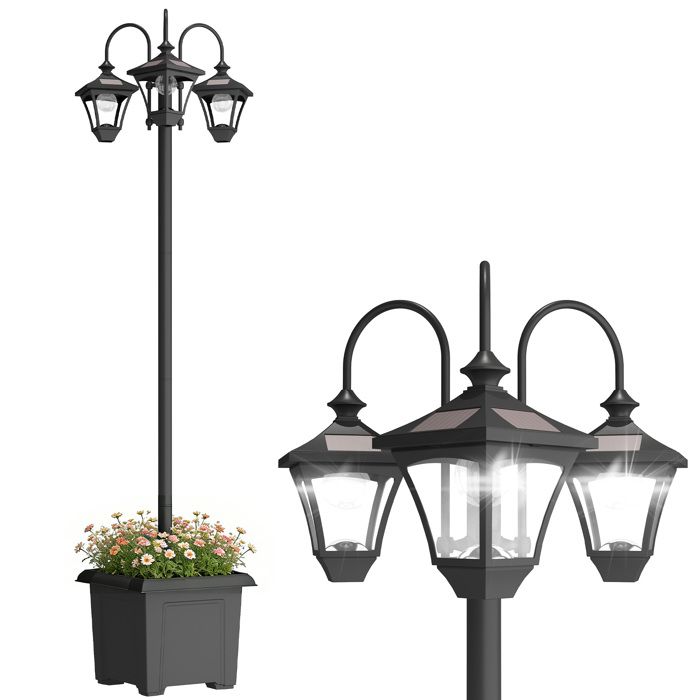 Lampadaire extérieur - Outsunny - 3 têtes LED avec bac à fleurs étanche hauteur réglable - acier abs - 52x52x185cm - noir