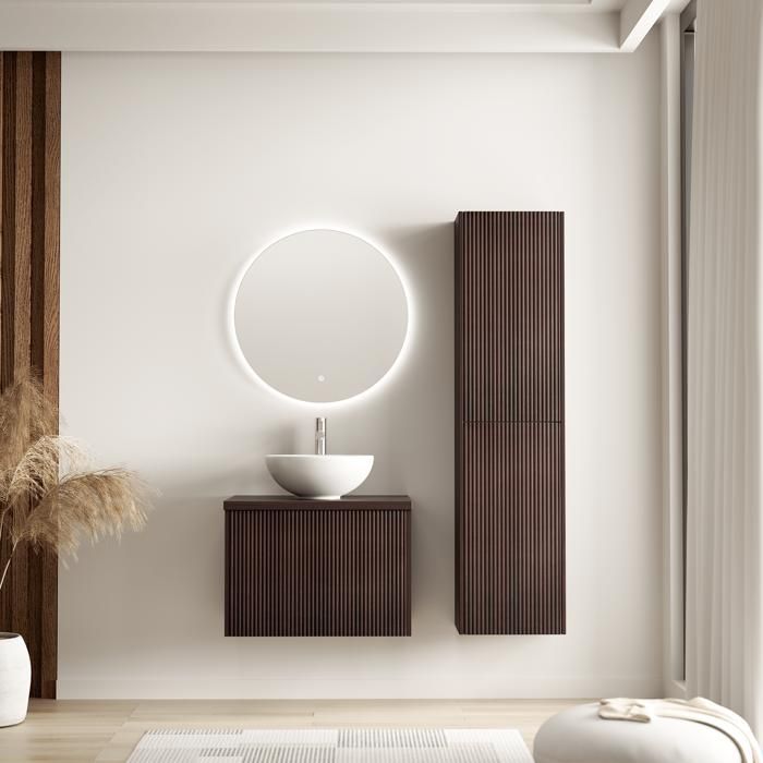 LOMAZOO Ensemble Meuble de Salle de Bain 60cm Noyer Cannelé - Vasque à Poser Blanche - Colonne de Rangement [TROPANI]