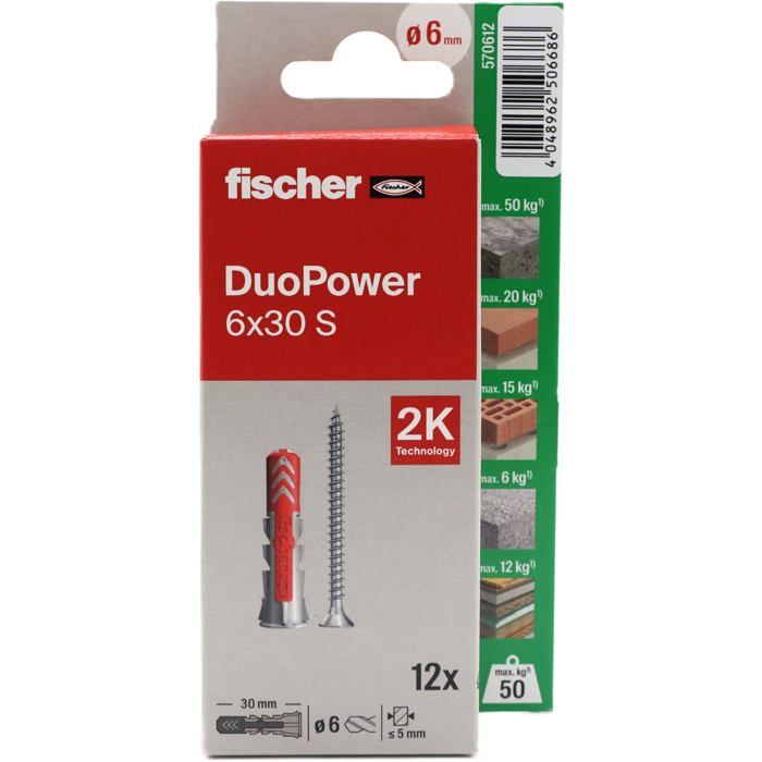 Fischer Duopower 6x30 chevilles avec vis 12 pcs matériaux pour fixer vélos cadres meubles étagères et TV - vue 2