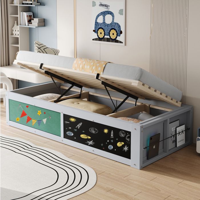 Lit enfant 90×200 cm coffre hydraulique rangement livres tableau noir et panneau en feutre - BEAUNIV - sans matelas bois - gris