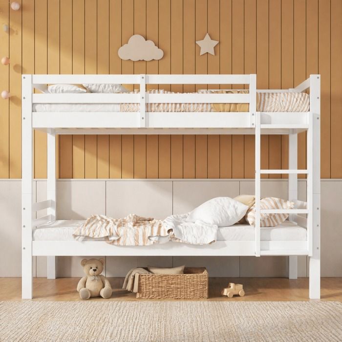 Lit superposé enfant blanc 205 x 104 x 158 cm échelle 3 marches barrière anti-chute séparé en 2 lits 90 x 200 cm
