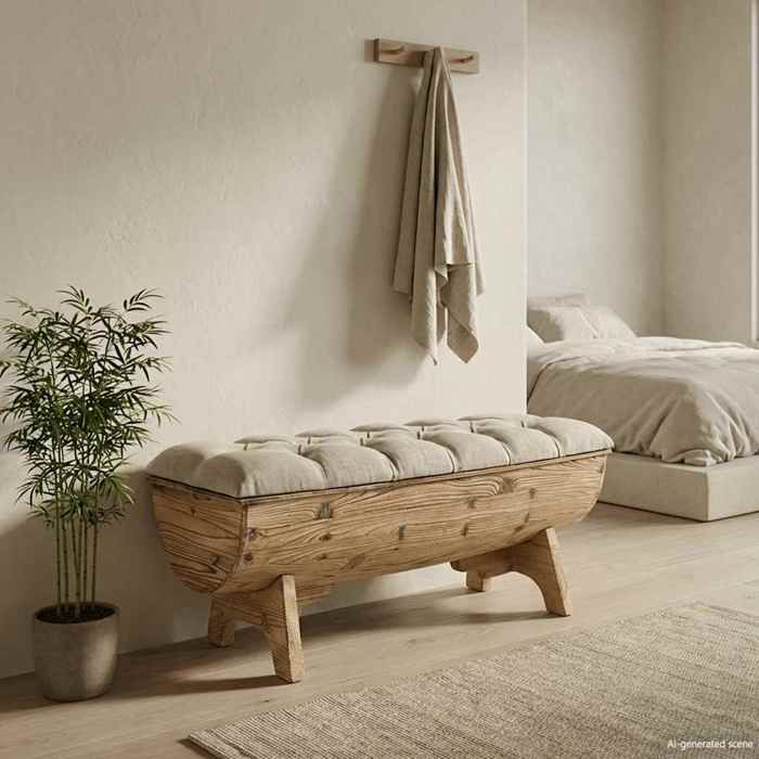 Banc coffre - Meuble banc - Bois massif et tissu 103x51x44 cm j40r06