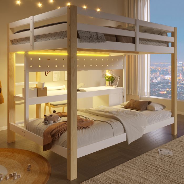 Lit superposé enfant 90x200 cm et 140x200 cm avec LED Lit enfant avec bureau tiroirs étagères et Plaque perforée Blanc et Naturel