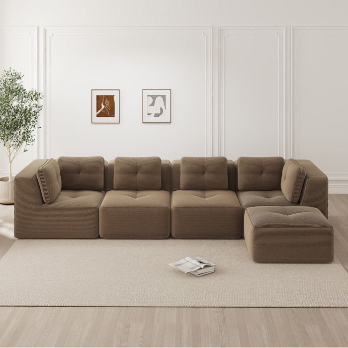 Canapé modulable 4 places d angle en velours côtelé marron assise profonde 74 cm sans montage