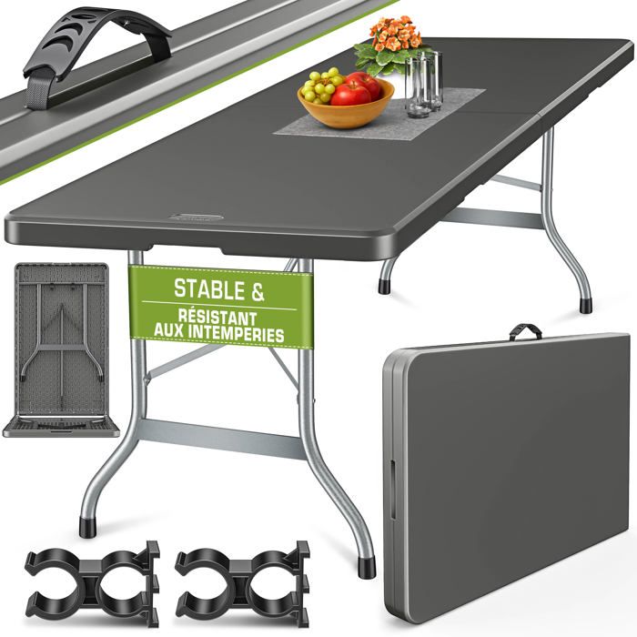 tillvex® Table de Jardin Pliante en Plastique 220x70cm Anthracite Idéale comme Buffet pour Terrasse Jardin Balcon ou Camping