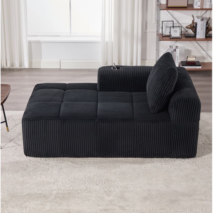 Chaise longue cosy en velours côtelé avec coussins espace de rangement pratique et porte-boissons