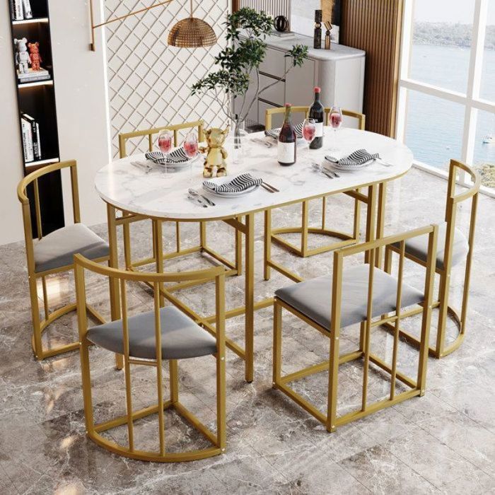 Ensemble de table à manger six chaises: (table à manger blanche chaise avec dossier et intérieur gris TABLE A MANGER AVEC CHAISES