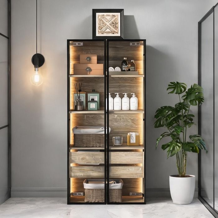 Colonne de salle de bain 2 portes 2 tiroirs en MDF ton bois naturel 74 x 36 x 155 cm