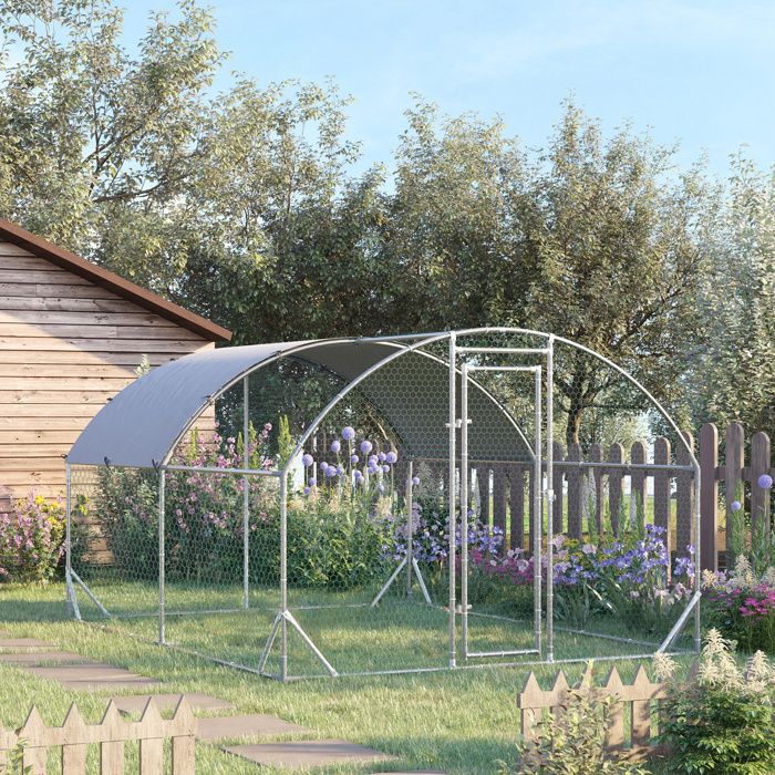 Enclos extérieur pour poules & lapins - L280x380x197 cm - Structure galvanisée - Couverture Oxford - Porte verrouillable